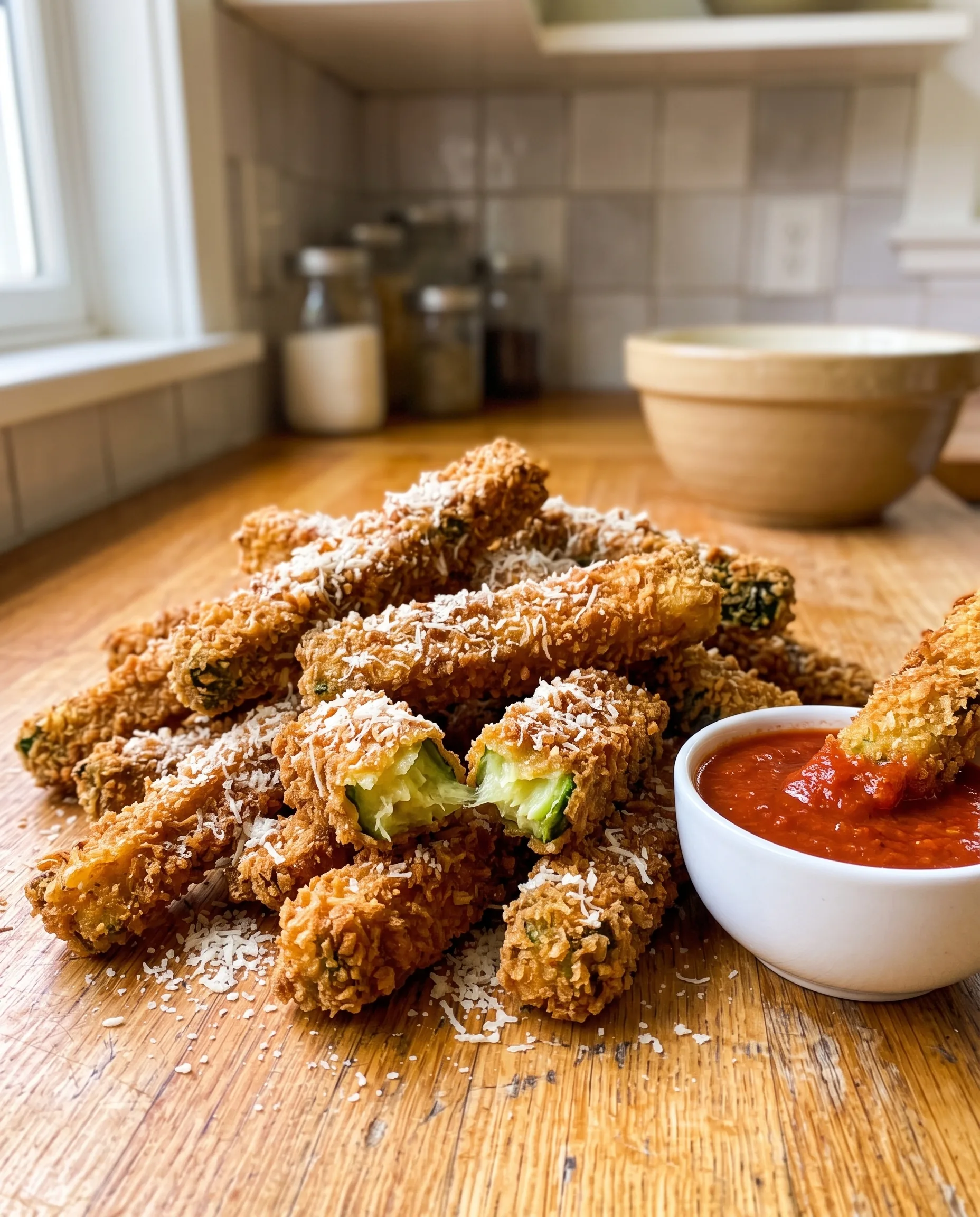 A pile of golden, panko-crusted zucchini sticks dusted with parmesan on a wooden counter, one broken open to show a tender green center, with a white bowl of tomato sauce and a stick being dipped.