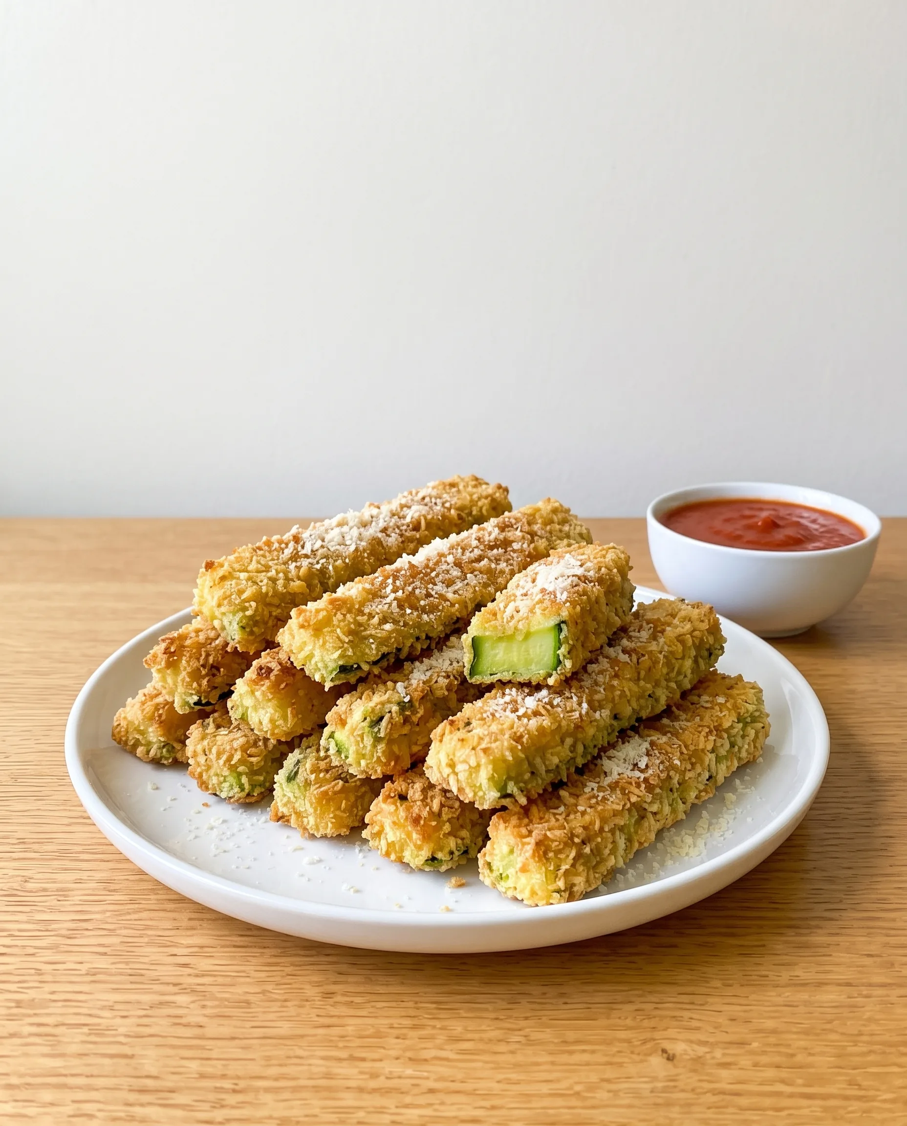 A white plate stacked with golden breaded zucchini sticks dusted with grated parmesan, one end showing the pale green center, with a small bowl of tomato dip beside it.