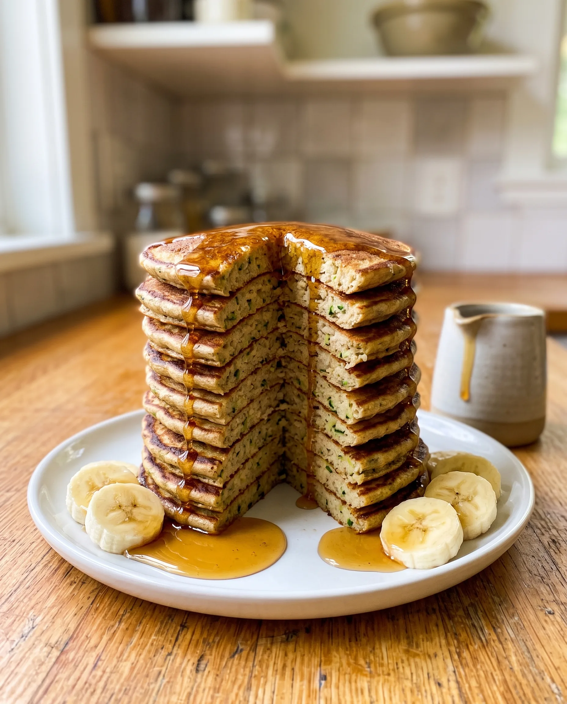A tall stack of golden pancakes with a wedge cut out, syrup running down the sides and flecks of green zucchini visible in the crumb, banana slices on the plate and a syrup pitcher behind.
