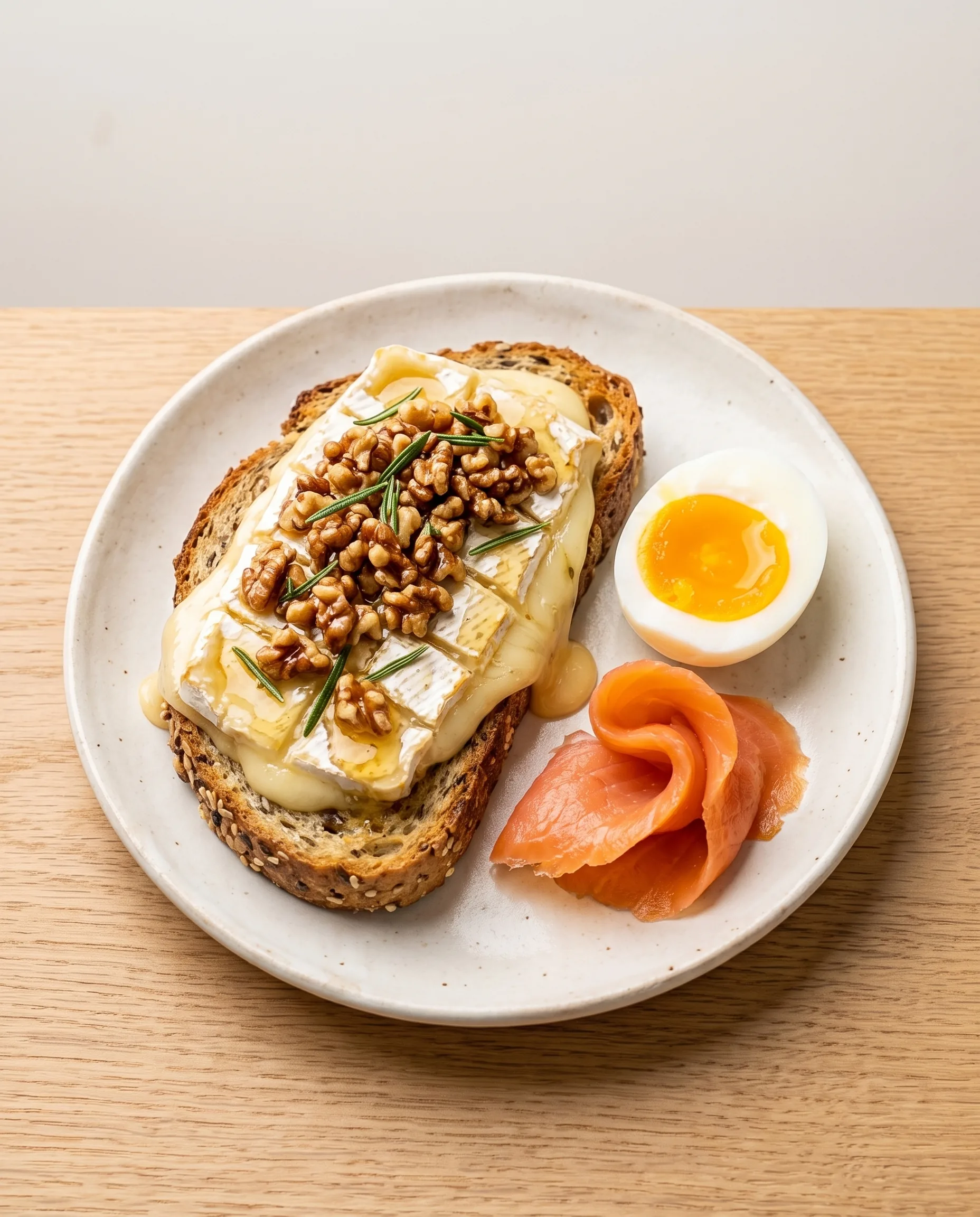 Toasted seeded bread topped with melted brie, walnuts and rosemary, served on a white plate with half a soft-boiled egg and a curl of smoked salmon.