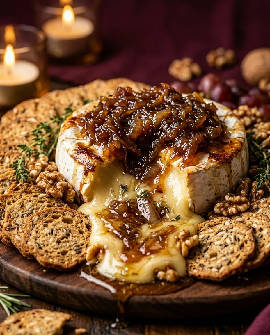 Baked brie piled with dark caramelized onions, melted cheese flowing onto a wooden board with seeded crackers and walnuts.
