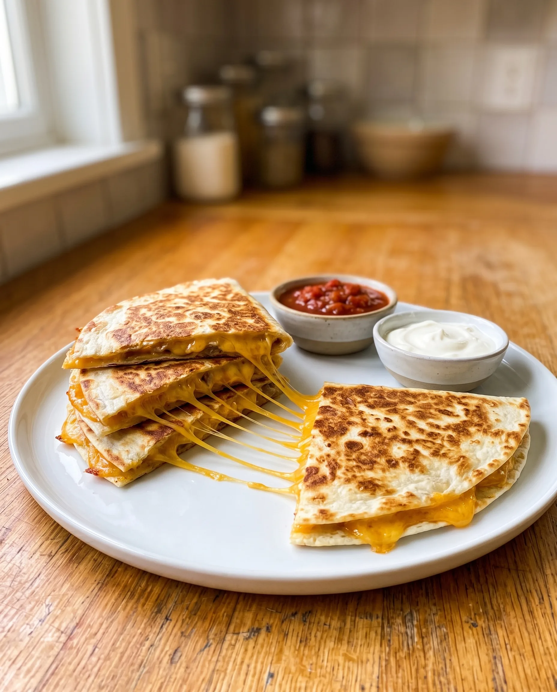 Golden toasted quesadilla wedges stacked on a white plate with melted cheddar stretching in long strands, small bowls of salsa and sour cream behind, on a wooden counter.
