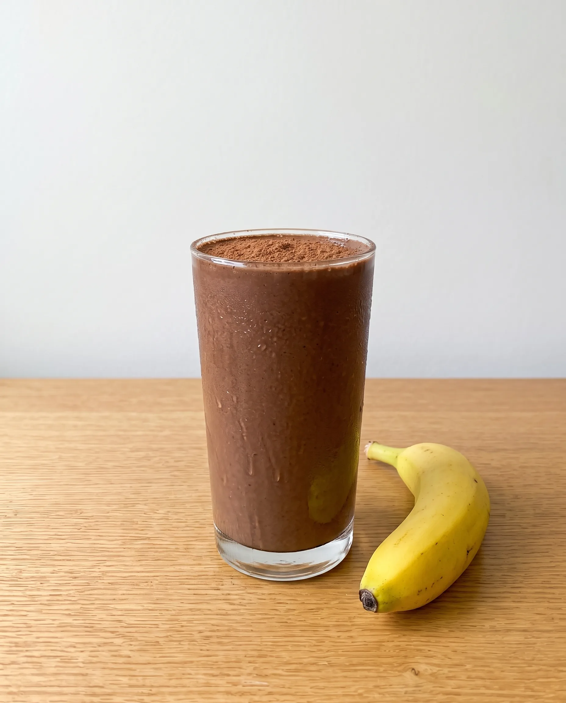 A tall glass of thick chocolate smoothie with cocoa dusted across the top, standing on a light wooden table next to a whole yellow banana.