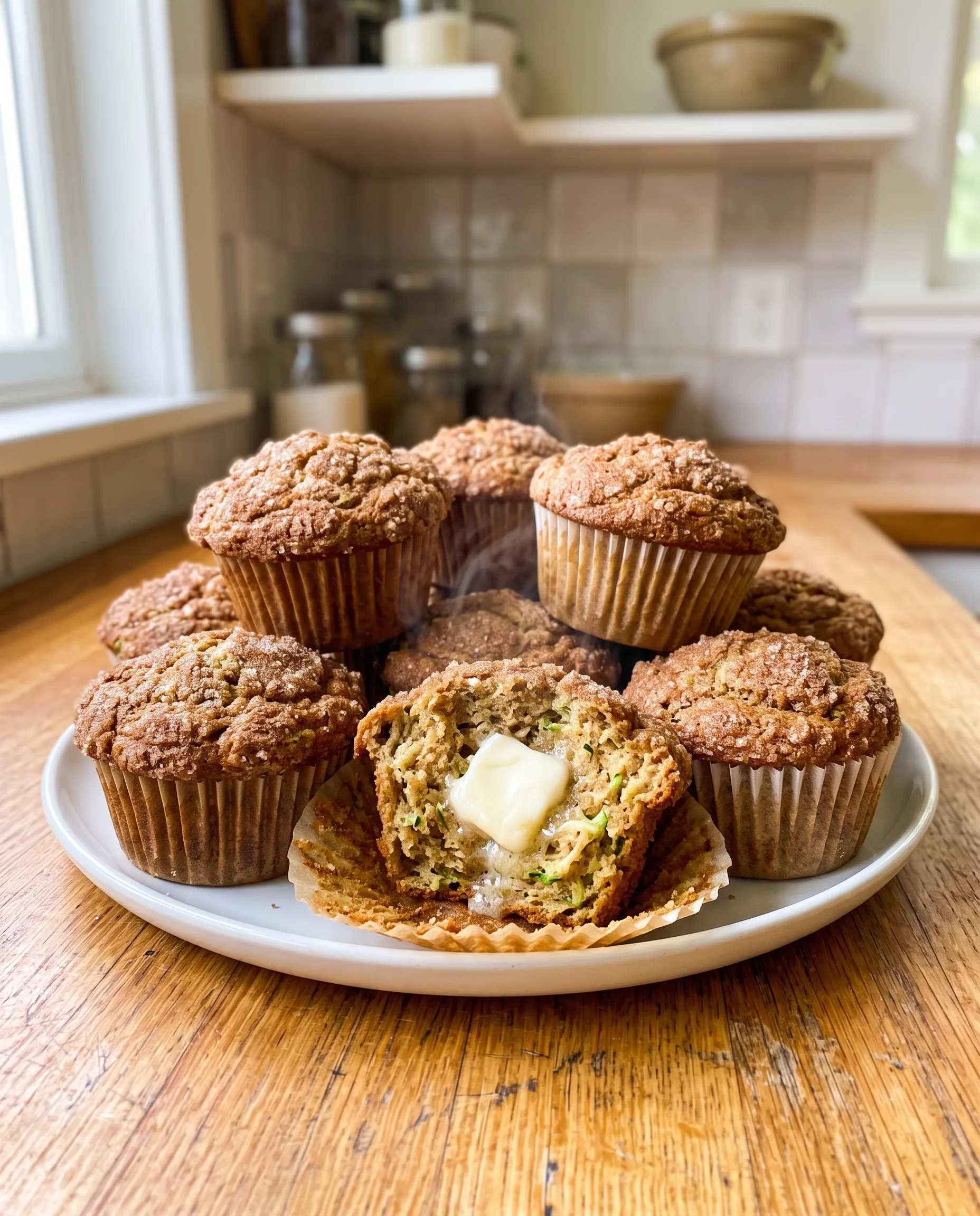 A plate of domed cinnamon-sugar topped muffins in paper liners, one split open with a pat of butter melting into the crumb, green flecks of zucchini visible, on a wooden counter.