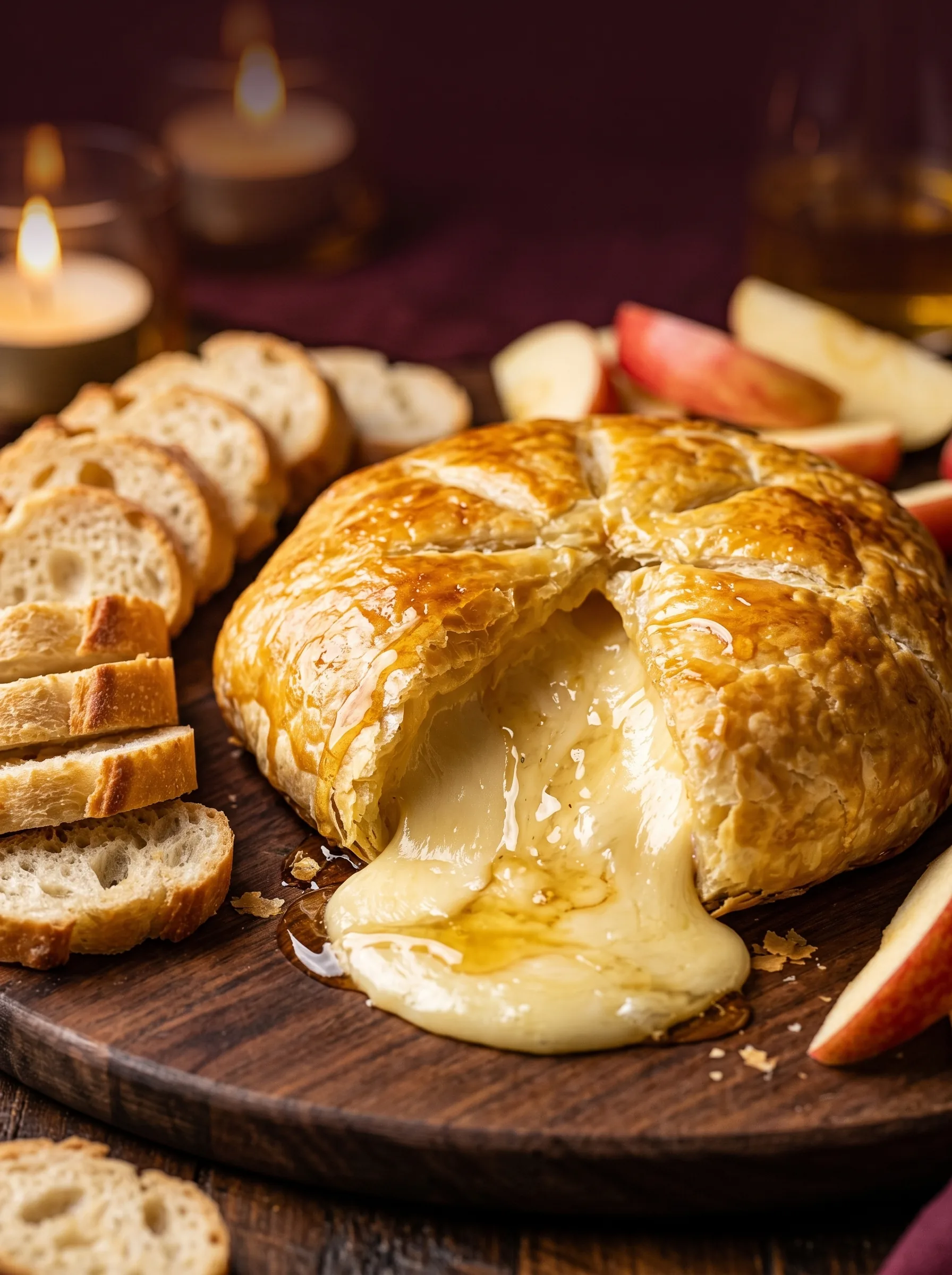 A golden puff pastry wrapped brie cut open so melted cheese runs onto a wooden board, with baguette slices and apple wedges around it.