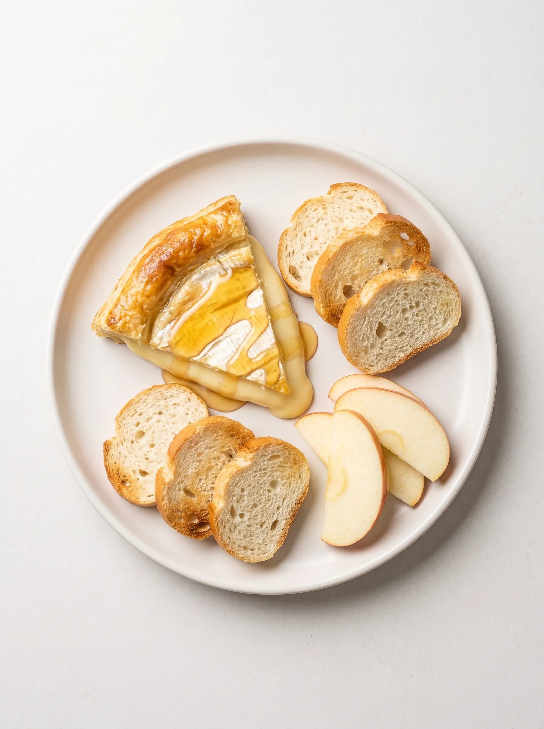 A wedge of pastry wrapped brie with honey on a white plate, beside toasted baguette slices and apple slices.