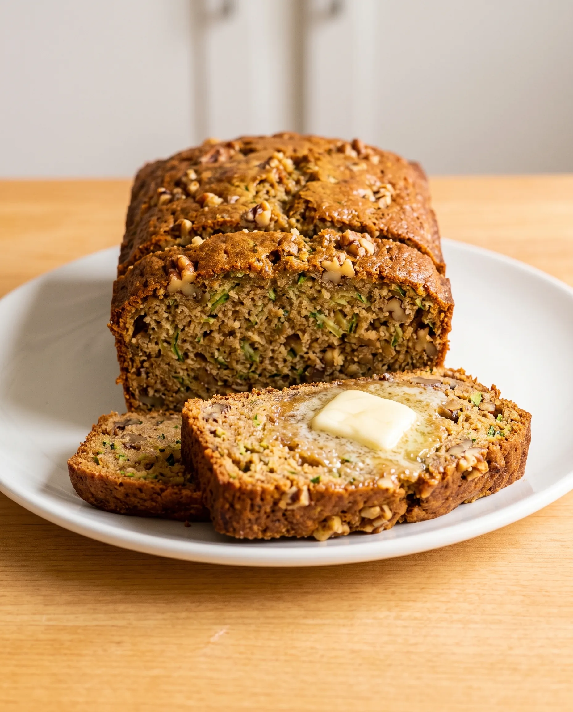 A sliced loaf of zucchini bread with chopped nuts on its crust and green shreds visible in the crumb, with a buttered slice on a white plate on a light wooden table.
