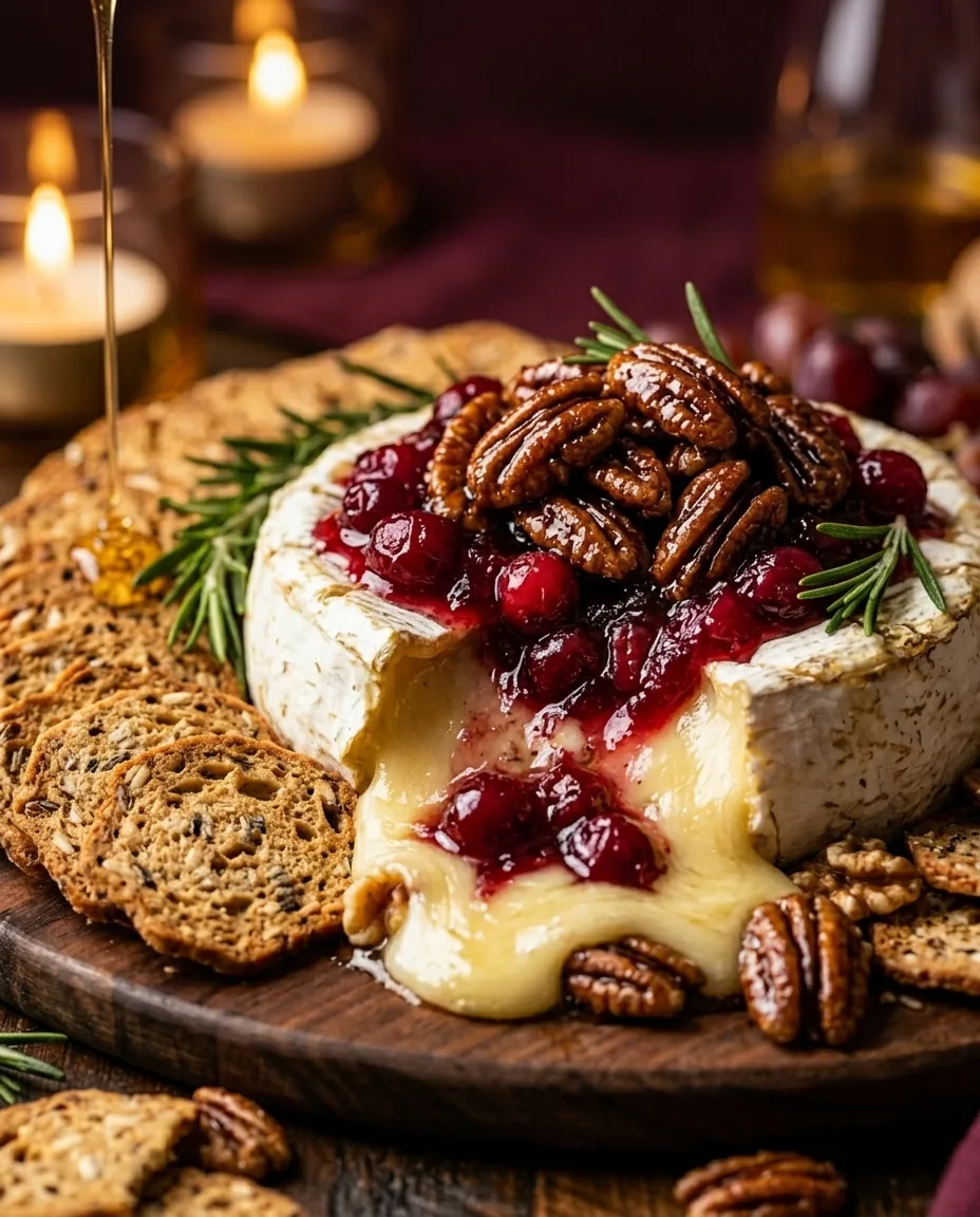 Baked brie topped with cranberries, glossy pecans and rosemary, with melted cheese spilling onto a wooden board beside seeded crackers.