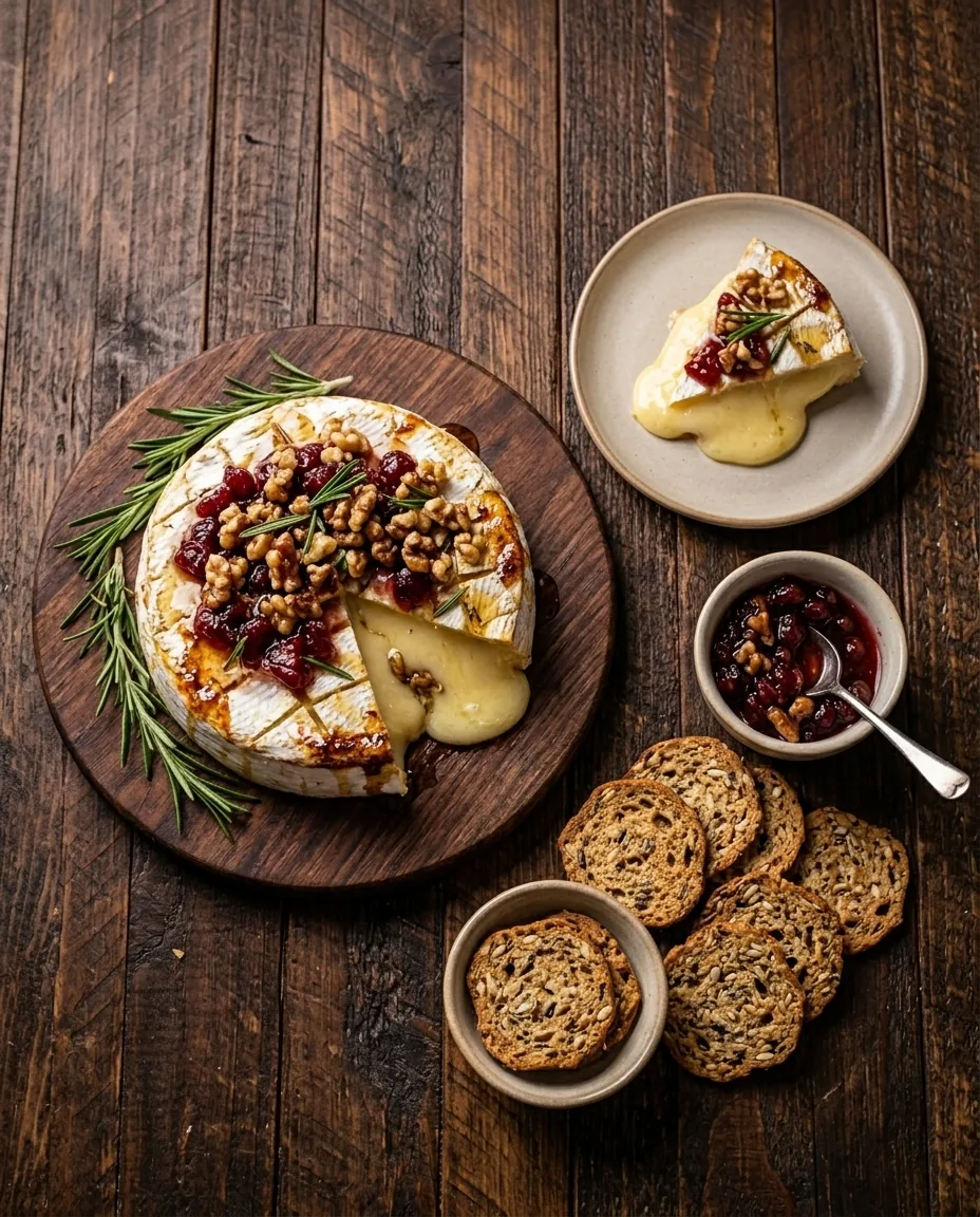 Overhead view of a baked brie topped with cranberries, walnuts and rosemary, a cut wedge on a small plate, a bowl of cranberry topping and seeded crackers.