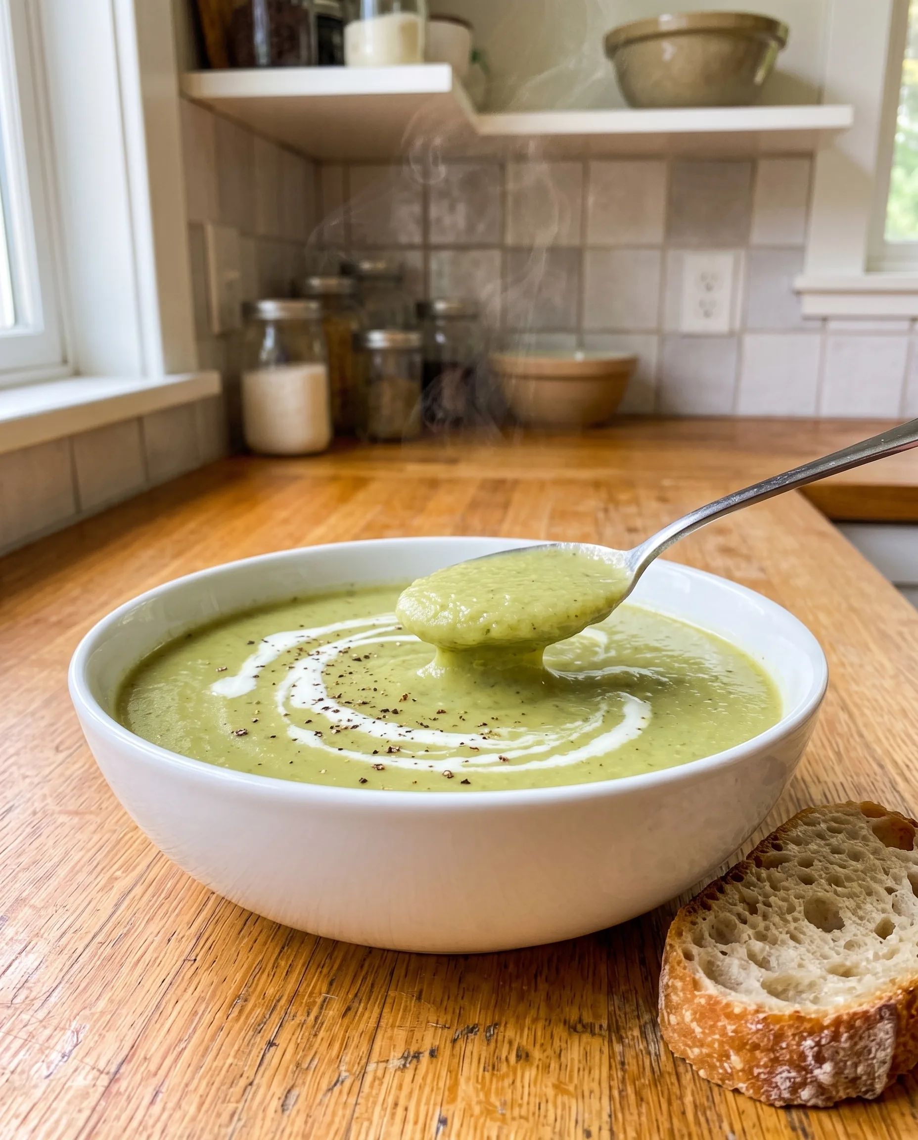 A white bowl of pale green zucchini soup with a swirl of cream and black pepper, a spoon lifting a thick spoonful, and a slice of crusty bread on a wooden counter.