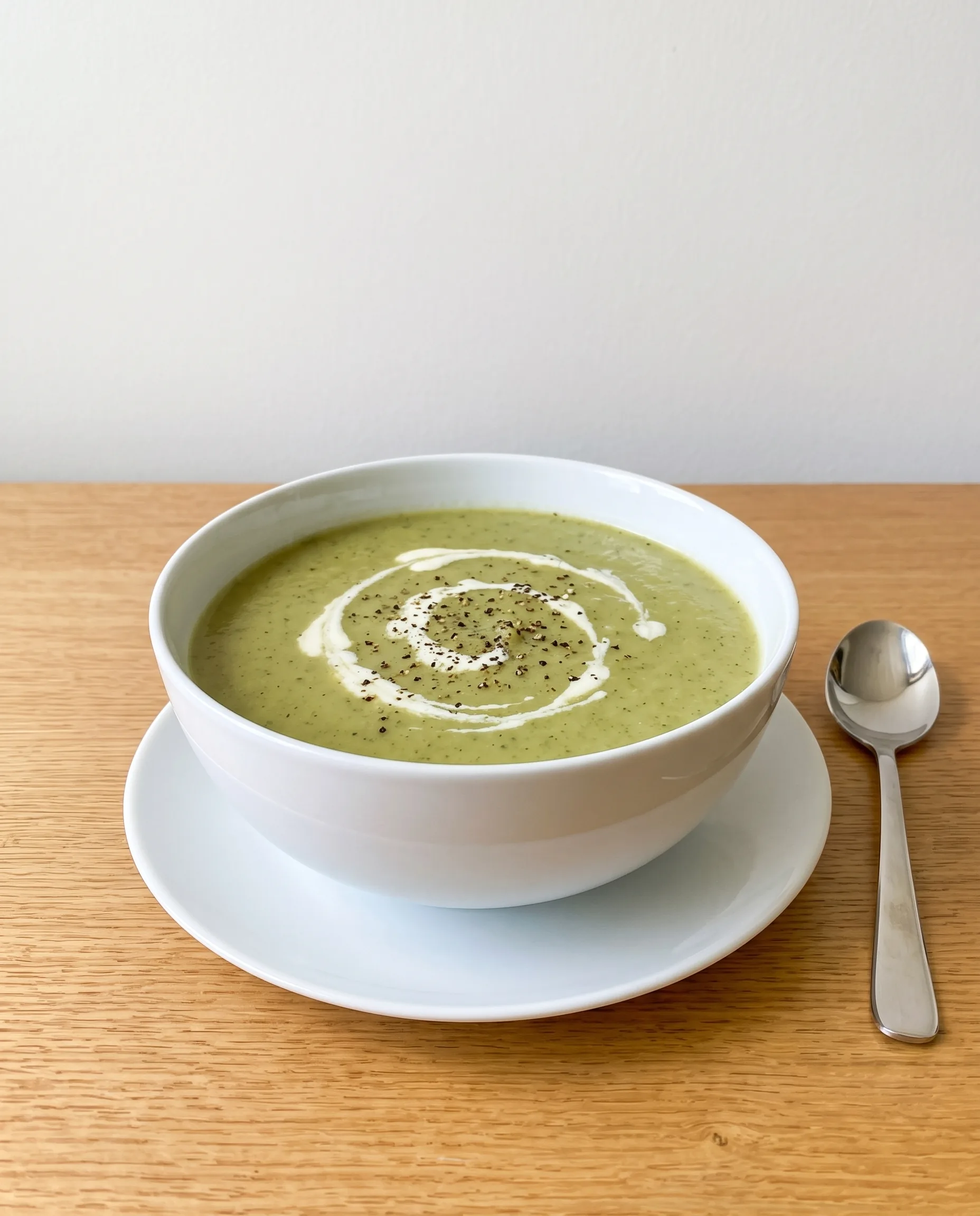 A white bowl of smooth green zucchini soup with a cream swirl and cracked pepper, on a small plate with a spoon beside it.
