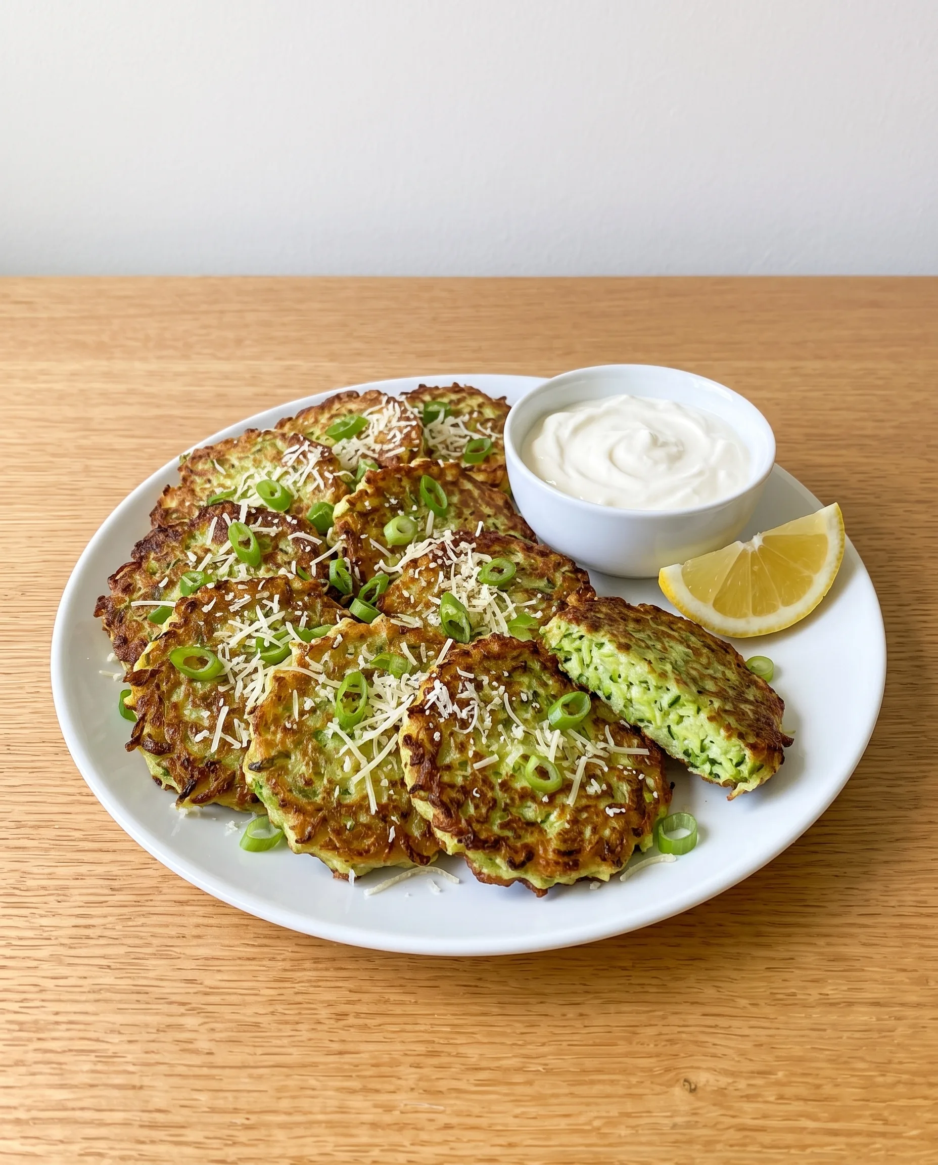 A white plate of browned zucchini fritters with scallions and parmesan, a bowl of sour cream and a lemon wedge, with one fritter broken open to show green shreds.