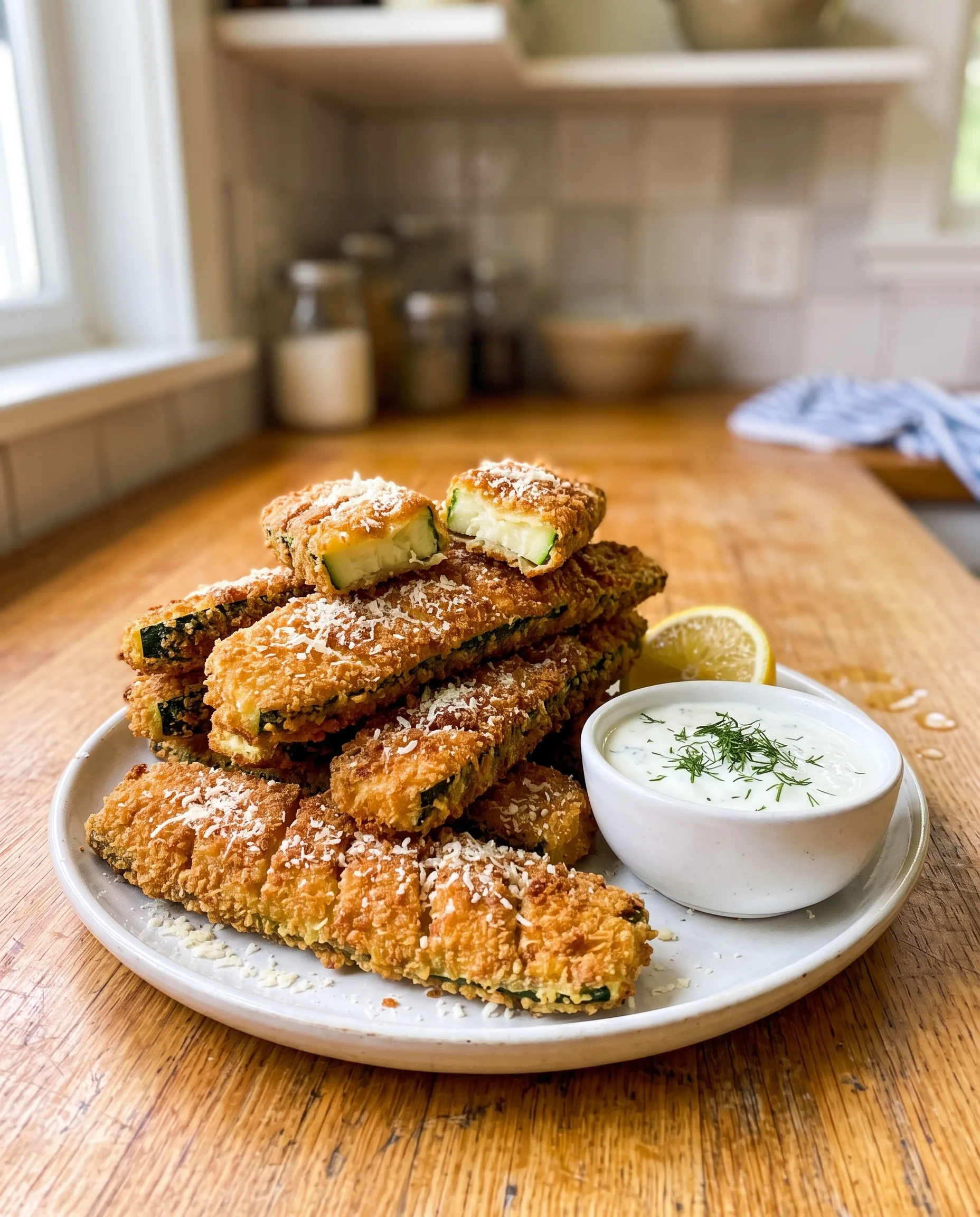 A tall stack of golden breaded zucchini planks dusted with parmesan beside a white bowl of dill yogurt and a lemon half, with one piece bitten open to show the pale zucchini inside.