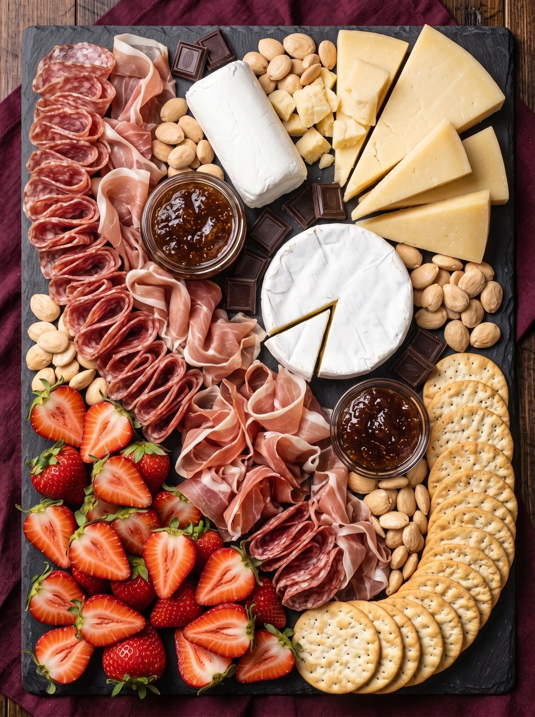 Overhead view of a rectangular slate board holding a whole brie with two wedges cut out, a goat cheese log, wedges of aged cheddar, folded prosciutto and sliced salami, halved strawberries, almonds, dark chocolate squares, two small jars of fig jam and a curved row of round crackers.