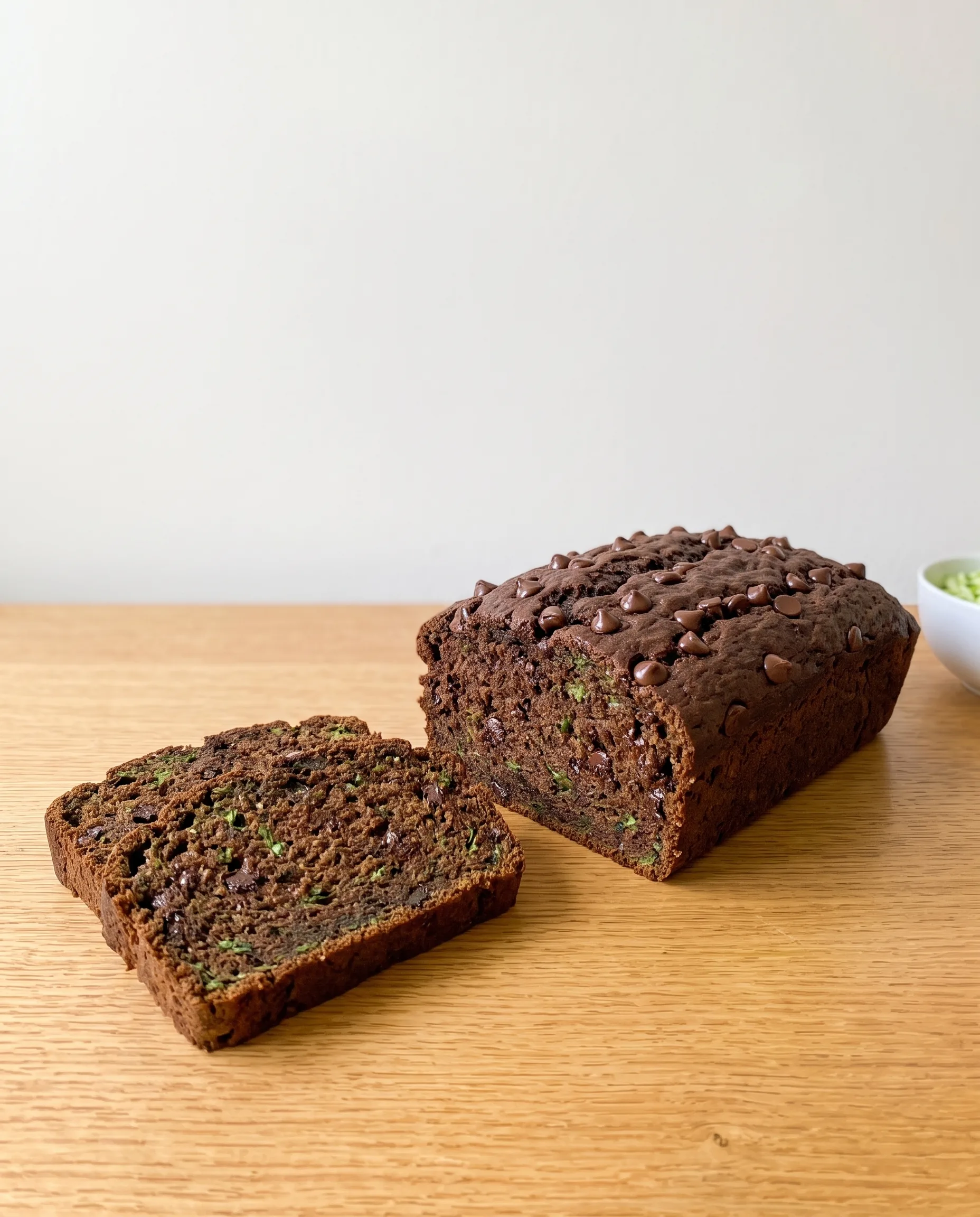 A chocolate zucchini loaf topped with chocolate chips beside two cut slices that show green flecks, on a wooden table.