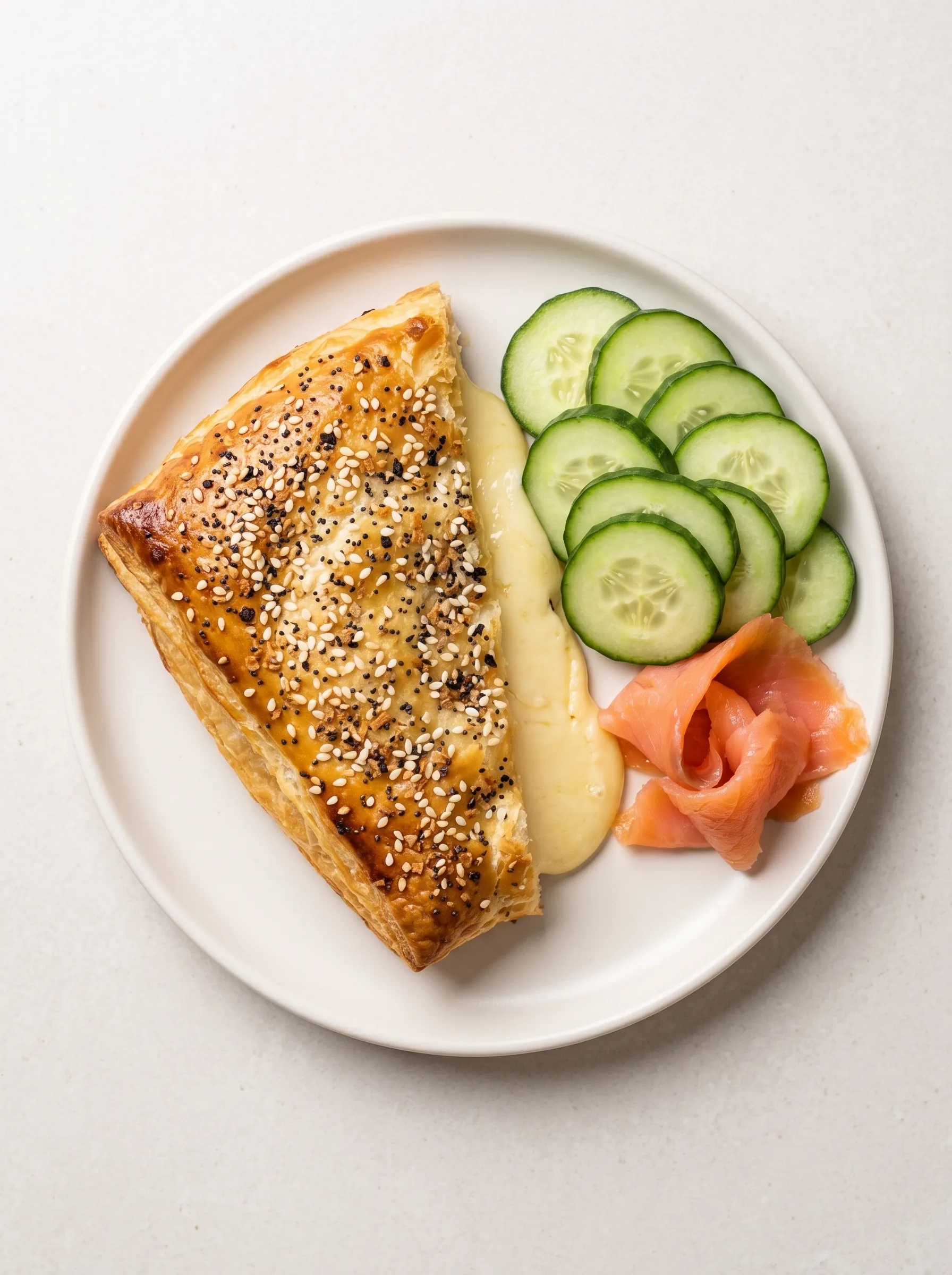 Wedge of seeded puff pastry with melted brie, cucumber rounds and smoked salmon on a white plate