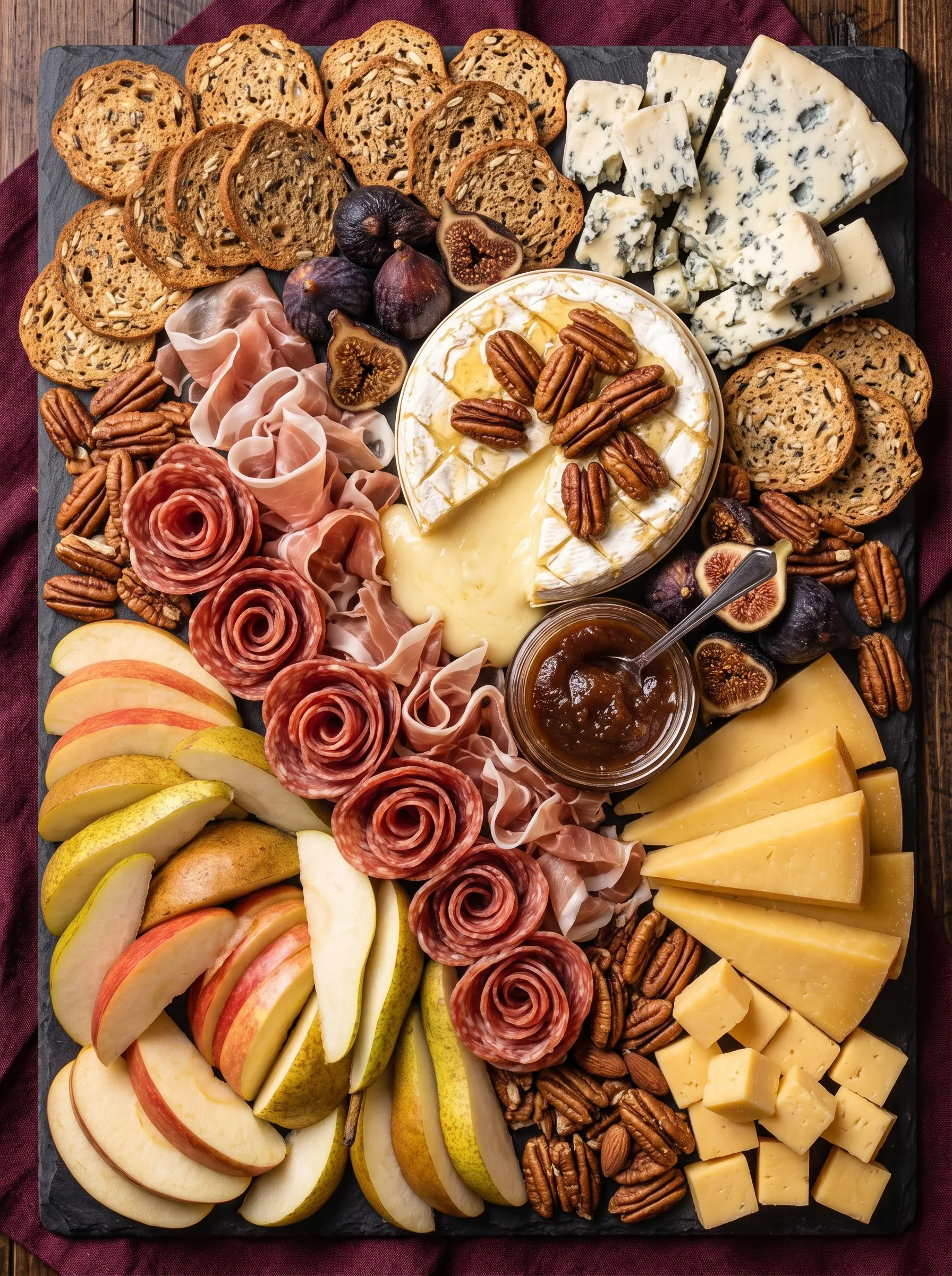 Overhead view of a dark slate board with a baked brie topped with pecans and honey in the center, blue cheese on one side and aged gouda wedges on the other, prosciutto and salami roses, a jar of apple butter, fresh figs, sliced apples and pears, pecans and seeded crackers.