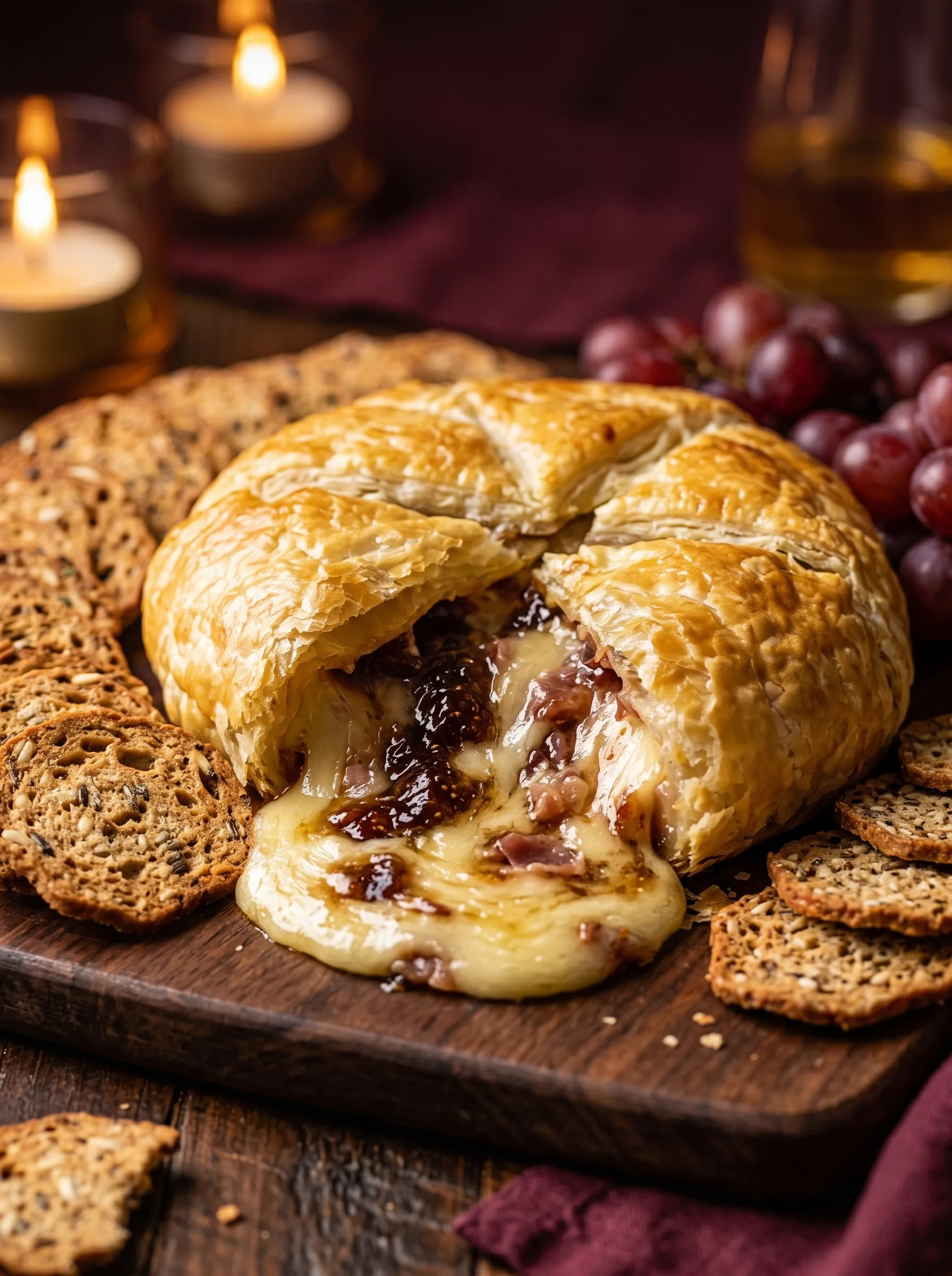 A golden puff pastry wheel cut open so melted brie, dark fig jam and prosciutto spill onto a dark wooden board, surrounded by seeded crackers and a bunch of red grapes, with candles in the background.